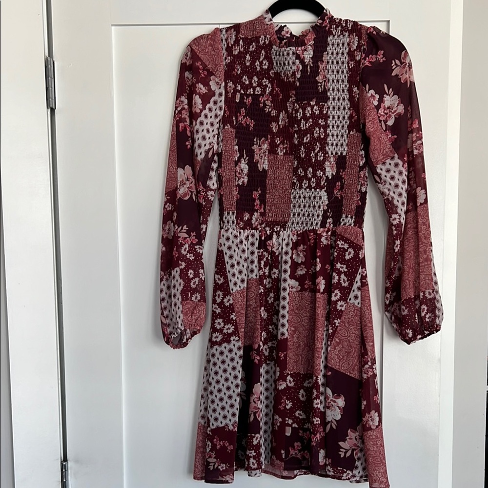 Red Ruched A-line Long Sleeve Dress